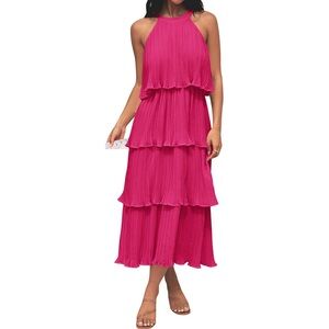 Zesica Sleeveless Tiered Midi Dress in Hot Pink